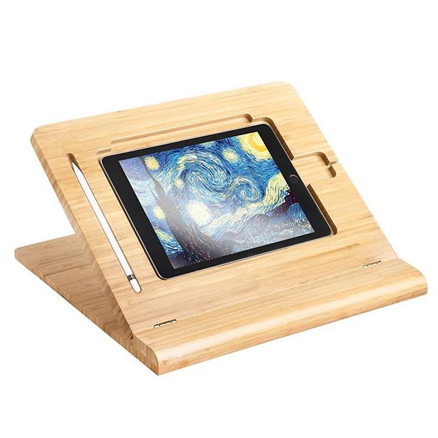 ELETIUO Tablet Stand Holder Adjustable Foldable,Multi-Angle Bamboo Wooden Organizer Desktop Holder for iPad,Stable for Drawing,Watching,Typing (Support Multiple Devices)