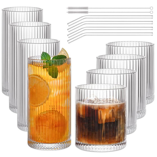 AUFXKOO Set of 8 Vintage Ribbed Glassware,4 Highball Glasses 12 oz,4 Rocks Drinking Glasses 14 oz,Ribbed Cocktail Glass Cup,Used for Whiskey,Ice Coffee Cup,Juice,Smoothies,Mixed Drinkware