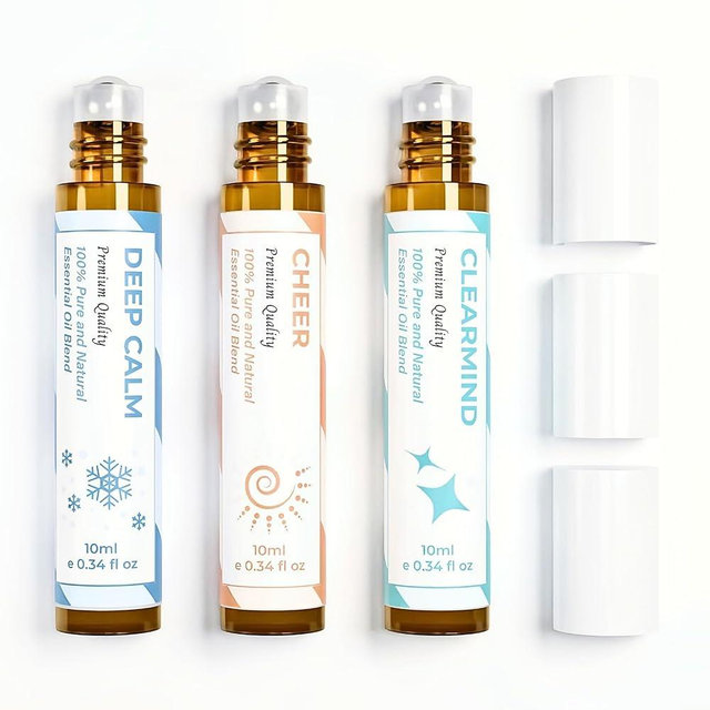 Essential Oil Set (Deep Calm, Cheer, ClearMind), Aromatherapy Roll On Blends for Massage, Body Care & Home Use, Great Fragrance Roller Gift for Men & Women