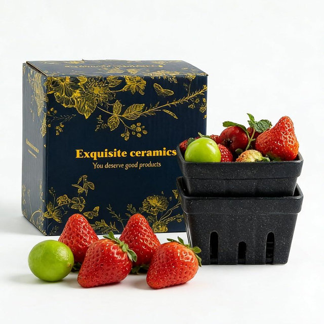 Zerokyclan Ceramic Berry Colander Set of 2 - Square Porcelain Strainer with Holes | Farmhouse Style Fruit Bowl for Kitchen Counter | Dishwasher Safe for Berries, Strawberries, Grapes, Cherries (black)