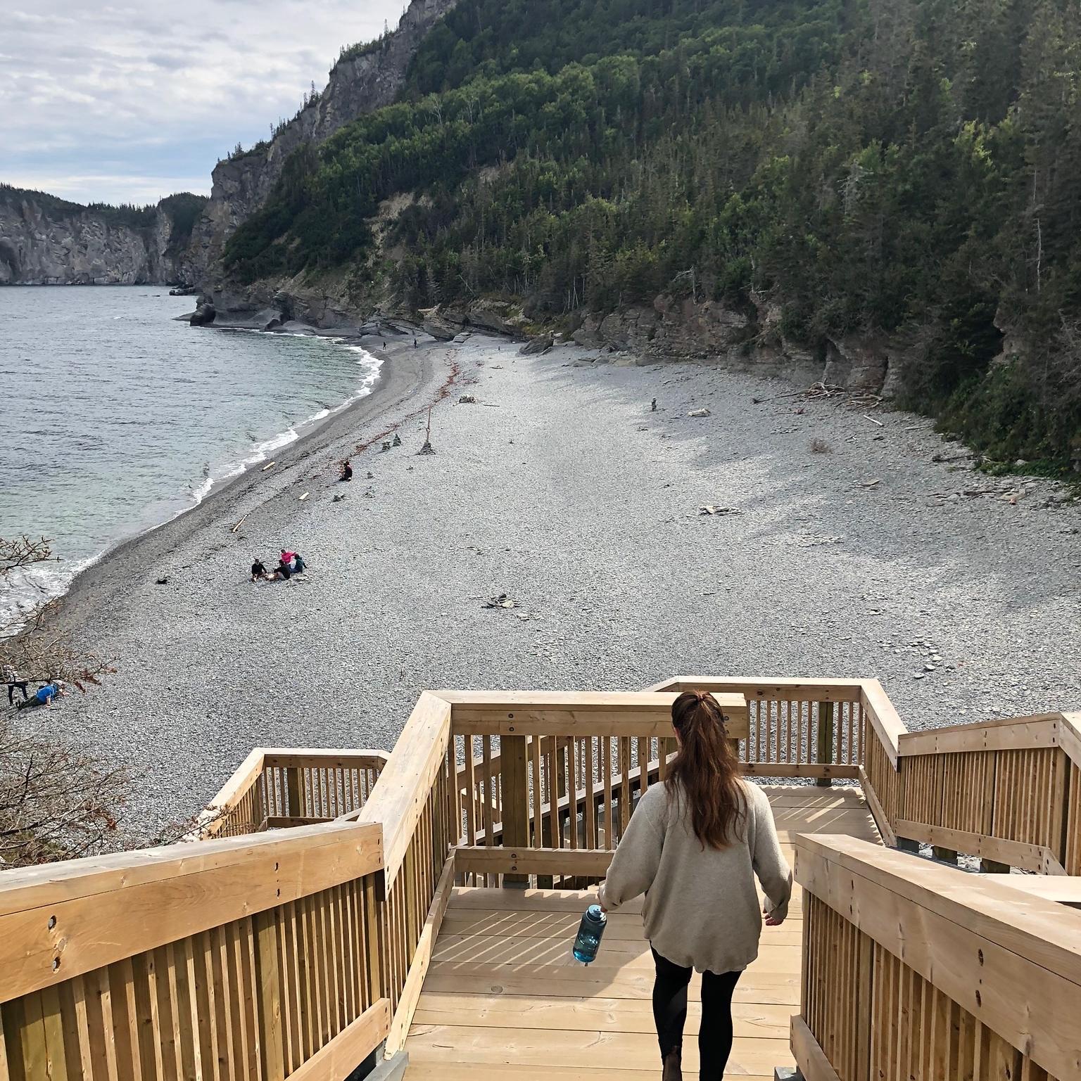 Making our way down to the stone beach for some rest and snacks after our hike up the Mont-Saint-Alban trail in the Cap-Bon-Ami region of Forillon National Park.