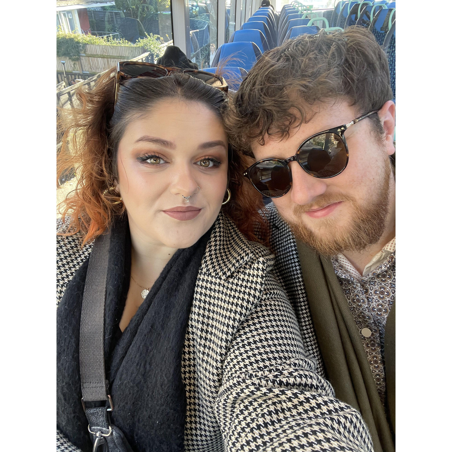 On a bus in London, everyone got angry at the driver because they missed a stop. We look hot though, so it's all fine