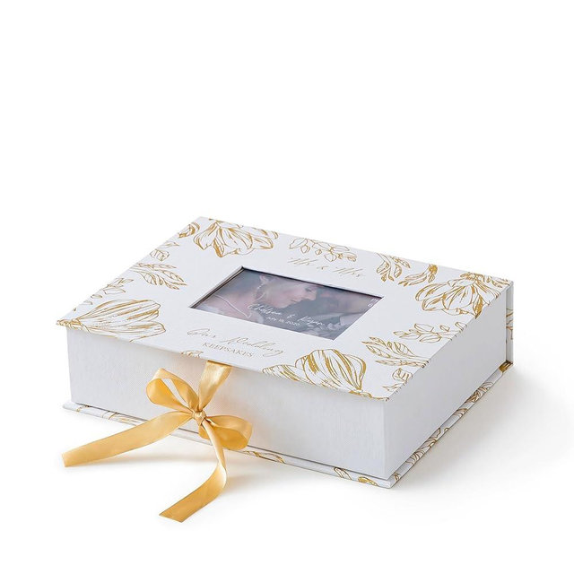 Soul & Lane Wedding Keepsake Box with Lid and Ribbon Closure, White Wedding Memory Box with Photo Frame, 11.5 × 8.7 × 3 in, Bridal Memento Keepsake Organizer, Forever & Always