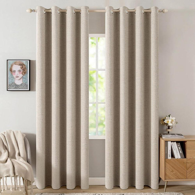 MIULEE 100% Blackout Linen Textured Curtains for Bedroom Solid Thermal Insulated Taupe Grommet Room Darkening Curtains & Drapes Luxury Decor for Living Room Nursery 52 x 84 Inch (2 Panels)