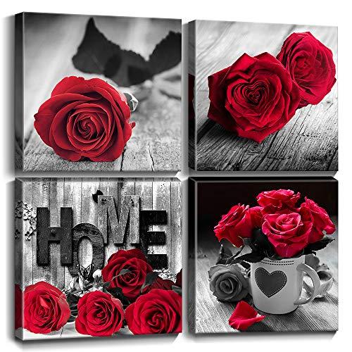 Red Rose Flower Wall Art Bedroom Home Decor Black and White Lover Couple Gift 12x12 Inch Canvas HD Print Painting Pictures Bathroom Office Love Warm Theme Valentine's Day Decoration Set of 4 Panels
