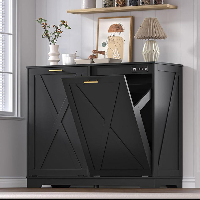 BORNOON Tilt Out Trash Can Cabinet with 2 Bins, Hidden Recycle Garbage Bin Enclosure, Wooden Double Laundry Cabinet with Odor Control, Negative Ion & Ozone, for Kitchen, Bathroom, Laundry Room (Black)