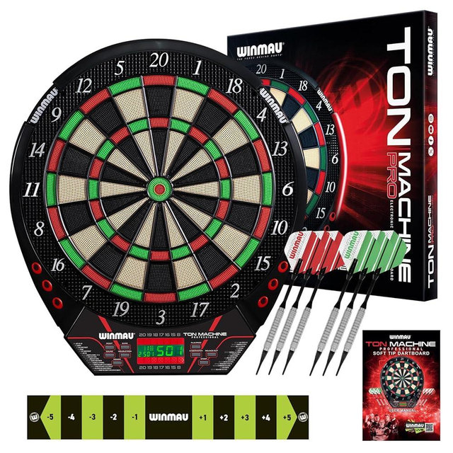 Winmau Ton Machine Electronic Dart Board - Soft Tip Dartboard for Adults, Dart Board Set with 90+ Games & Digital Scoreboard for 8 Players - 2 Sets of Soft Tip Darts, Throwing Line & Plastic Tips