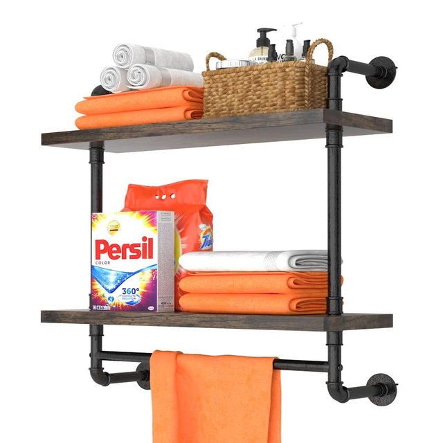 Helsin 24inch Industrial Pipe Shelving Bathroom Shelves Wall Mounted with Towel bar, 2 Tier Rustic Wood Floating Shelf, Metal Towel Rack Wall Shelf for Home & Bathroom (Brown, 24inch)