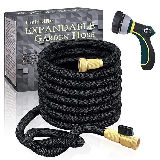 TheFitLife Flexible and Expandable Garden Hose - Strongest Triple Latex Core with 3/4" Solid Brass Fittings Free 8 Function Spray Nozzle, Easy Storage Kink Free Water Hose (50 FT)
