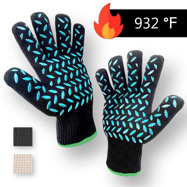 1 PAIR Heat Resistant Gloves Oven Gloves Heat Resistant Black BBQ Gloves For Grilling BBQ Gloves Heat Resistant Cooking Heat Resistant Gloves Kitchen Heat Gloves High Temp Grill Gloves with Silicone