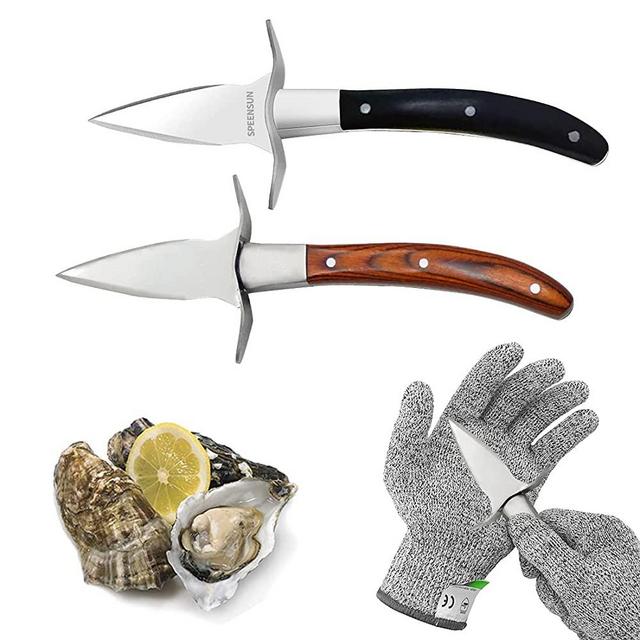 Oyster Shucking Knife,Oyster Knife,Speensun Set of 2 Oyster Shucker and 1 Pairs Level 5 Protection Gloves(L)-Oyster Shucker Knife Gloves Set-Oyster Shucker Kit With Premium Wood-handle.