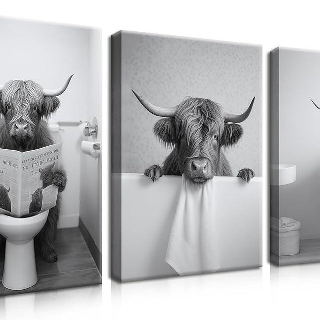 Funny Bathroom Highland Cow Wall Art, Black and White Cute Cow Animal Canvas Posters Prints Set of 3, Vintage Rustic Farmhouse Home Pictures Wall Decor Painting for Bathroom Restroom Framed 12x16 Inch