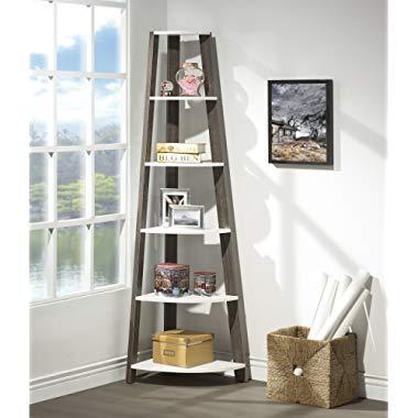 White / Grey Finish Two-Tone Wood Wall Corner 5-Tier Bookshelf Bookcase Accent Etagere