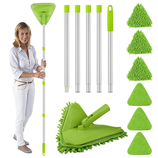 Wall & Baseboard Cleaner Mop Tool with 82'' Long Handle, 360 Degree Rotating 3-in-1 Ceiling Cleaning Tool Duster for Cleaning Painted Walls, Window, Floor, 6 Replacement Microfiber Chenille Pads