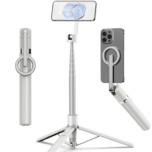 TONEOF 68" Magnetic Selfie Stick Tripod with Aluminum Strong Magnetic Holder for Magsafe, 360° Rotatable Travel Phone Tripod Stand with Metal Ring & Rechargeable Remote for iPhone/Android(Beige Gray)