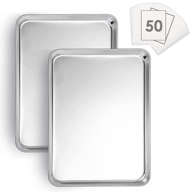 Baking Cookie Sheet Set of 2, E-far 12.4”x9.7” Stainless Steel Baking Sheet Pan for Oven with 50 Parchment Paper, Rectangle Baking Tray for Cooking Roasting, Rust Free & Heavy Duty, Dishwasher Safe