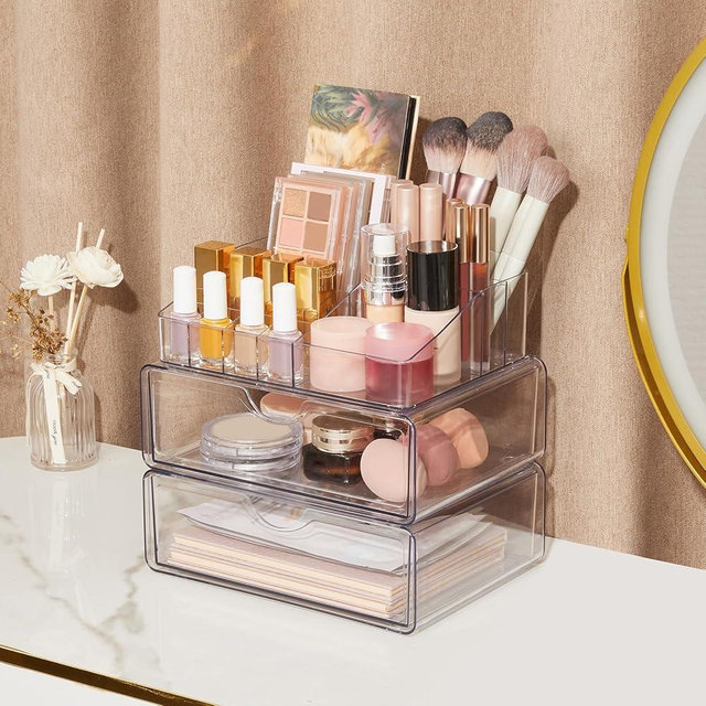 Geora 3 Tier Clear Makeup Organizer, Makeup Brush Holder with Drawer for Vanity, Cosmetic Storage for Dresser Countertop, Vanity Organizer for Eyeshadow Palette and Lipstick Organizer Storage