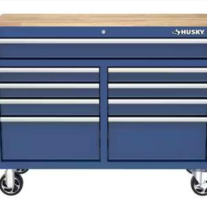 Husky Tool Storage 46 in. W x 18 in. D 9-Drawer Gloss Blue Mobile Workbench Cabinet
