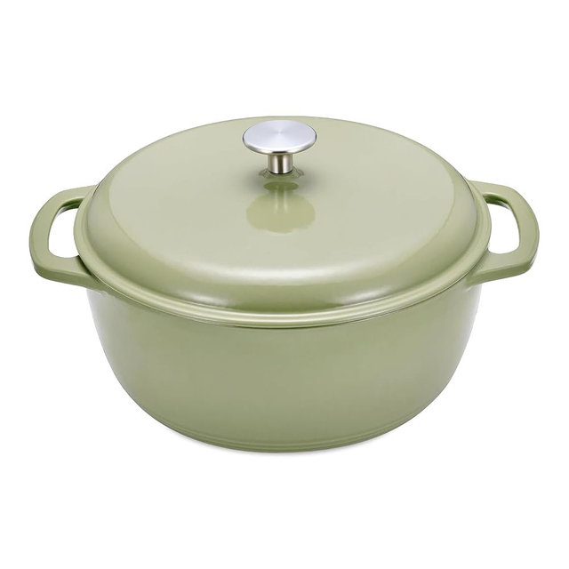 Amazon Basics Cast Iron Dutch Oven Pot with Lid, Enameled, Round, Dual Handles, Heavy-Duty, Large, 7.3-quart, Olive