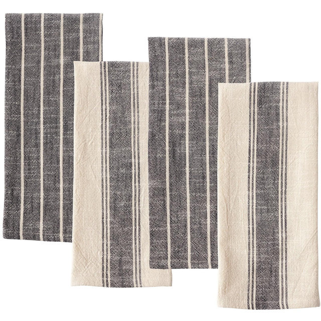 KAF Home Monaco Set of 4 Natural Rustic Slubbed Kitchen Towels, 100% Cotton, 18" x 28"-Black