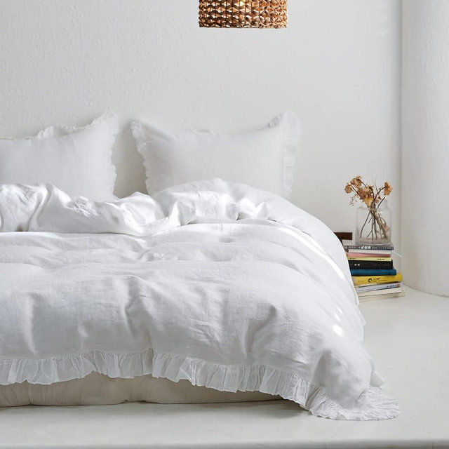 Simple&Opulence 100% Linen Duvet Cover Set, 3 PCS Natural French Flax White Ruffle Duvet Cover Full Size, Breathable Comfy Linen Bedding Comforter Cover with 2 Pillowcases Whitel, 78"X86"