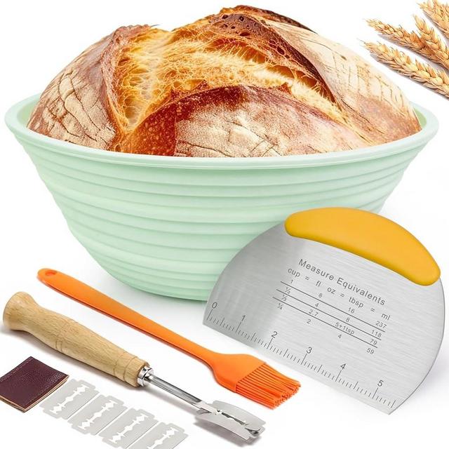 WNATN Silicone Banneton Bread Proofing Basket,9.5 Inch Sourdough Proofing Basket,Sourdough Bread Baking Supplies,Round Bread Making Tools & Starter Kit（Green）