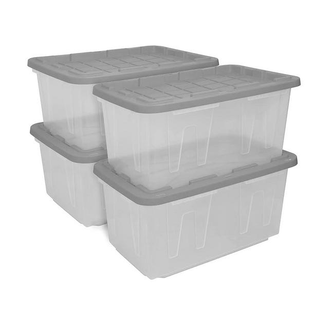 CX BLACK & YELLOW®, 27-Gallon Heavy Duty Clear Storage Container & Snap-Tight Lid, Clear & Grey (14.3”H x 20.6”W x 30.6”D), Weather-Resistant, Stackable, See-Through Organization Tote [4 Pack]