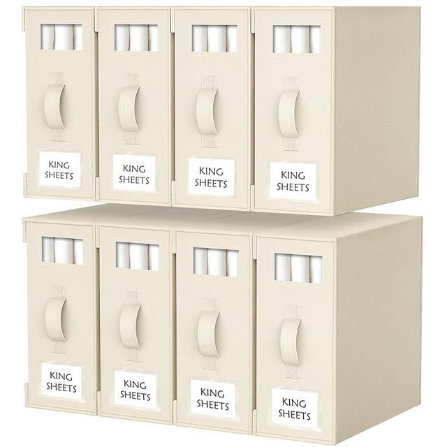 Criusia Bed Sheet Organizers and Storage, 8 Pack Foldable Linen Closet Organizer Box – Bedding Holder for Sheet Set (King/Queen Sizes), Duvet Covers, Blankets (Beige)