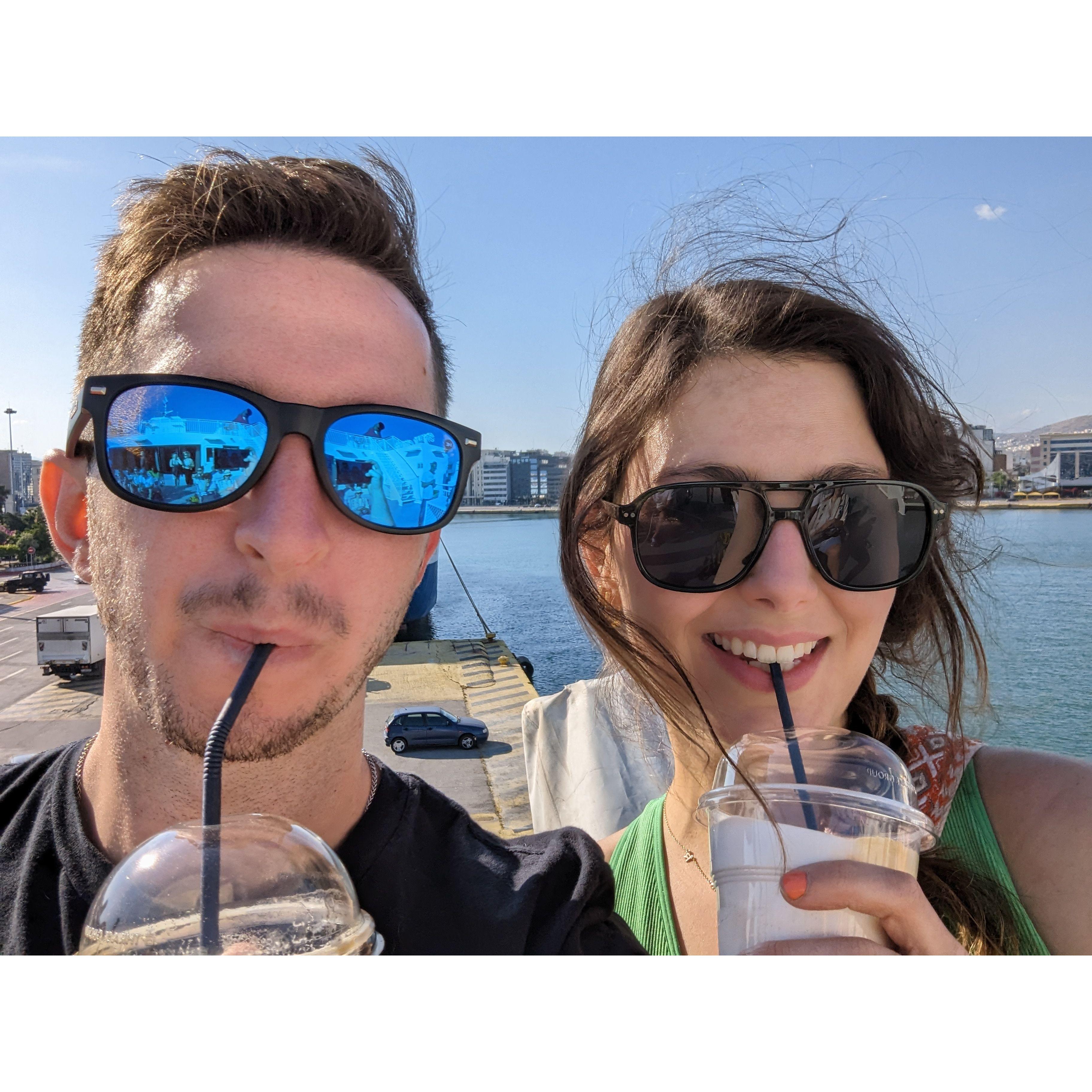 These are the happy faces of two people who had no idea what was about to hit them (hours of sea sickness).