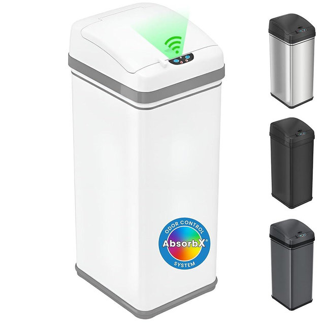 iTouchless 13 Gallon Motion Sensor Garbage Container with Odor Filter, 50L Touchless Stainless Steel Kitchen Bin, Smart Automatic Lid, Fingerprint-Proof, Pet-Safe Lock & Soft-Close, Brilliant White