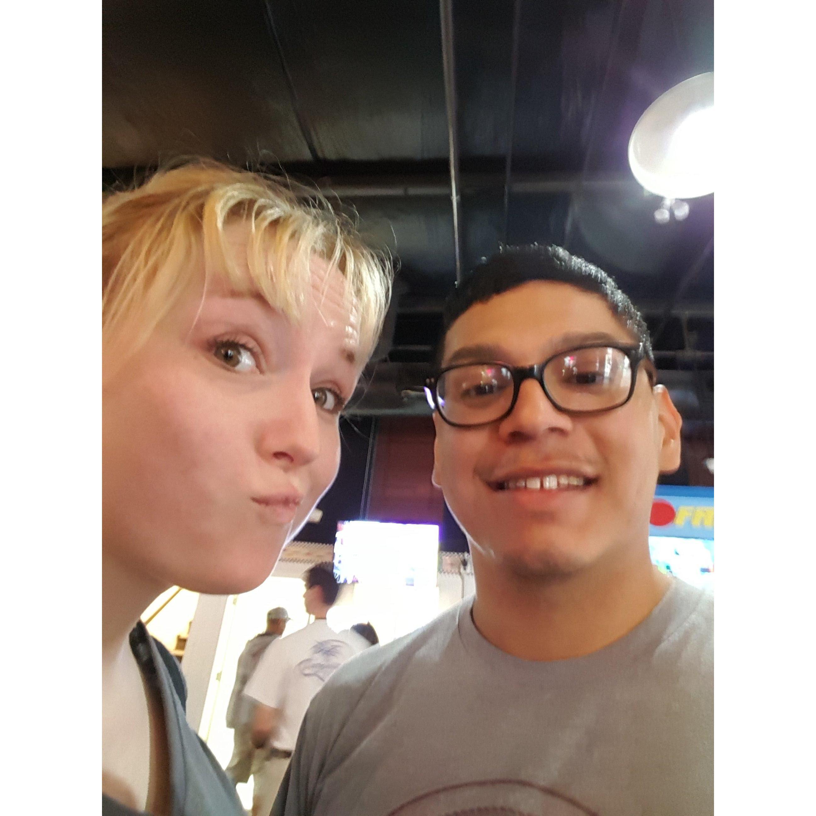 Sweaty from laser tag.  I don't think either of us won...