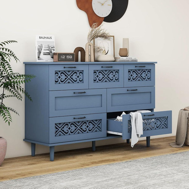 YHAOWORKS 7 Drawers Dresser for Bedroom - Accent Dresser with Hollow Carved Drawers, Wood Chest of Drawers, Vintage Wide Dressers for Living Room, Dining Room, Hallway, Blue