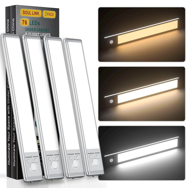 Under Cabinet Lights,76 LED Operated Motion Sensor Light Indoor,1500mAh USB Rechargeable Closet Lights, 4 Pack Magnetic Dimmable Closet Lights，Wireless Under Counter Lights for Kitchen, Stairs