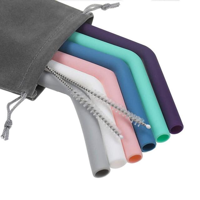 Senneny Set of 6 Silicone Drinking Straws for 30oz and 20oz - Reusable Silicone Straws BPA Free Extra Long with Cleaning Brushes- 6 Bent- 8mm diameter