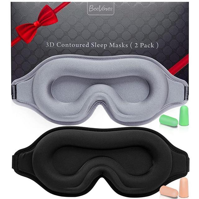 Sleep Mask for Men & Women, 2 Pack 3D Contoured Eye Mask for Sleeping with Adjustable Strap, BeeVines Molded Night Eye Sleep Mask Blindfold, Eye Shade Cover for Travel Yoga (Black & Metallic Grey)