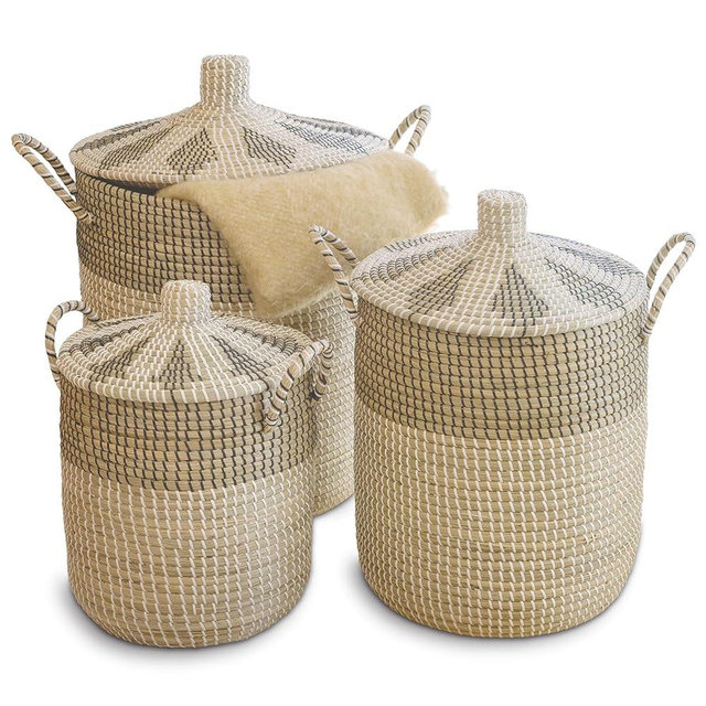 Set of 3 Laundry Hamper with Lid, Handmade Seagrass Woven Storage Basket for Toys, Pillows, Blankets, Clothes, Decorative Basket Gifts For Women, Mom, Home Decorations.