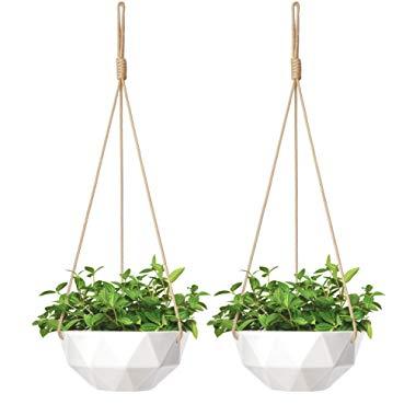 Mkono 2 Pack Ceramic Hanging Planter Indoor Outdoor Modern Geometric Flower Plant Pot 9 Inch Porcelain Hanging Basket with Polyester Rope Hanger for Herbs Ivy Crawling Plants, White