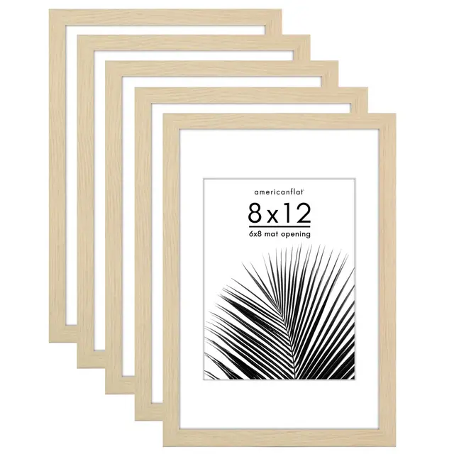 Americanflat 5 Pack of 8x12 Frames with 6x8 Mat - Plexiglass Cover - Natural Oak