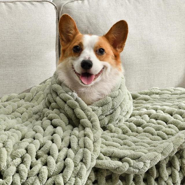 Feabuccy Soft Chunky Knit Blanket, 50X60 Inch Handmade Thick Chenille Yarn Throw Without Shedding & Raveling, Aesthetic & Cozy Home Decor with Couch Sofa Bed, Gift Pack, Sage Green