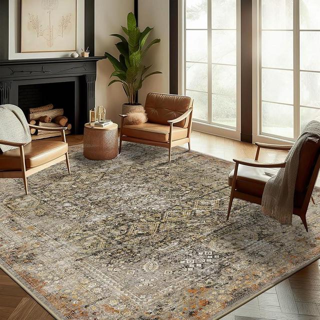 CHAMPLANT Area Rug 6'x9' Washable Rug Vintage Rug Traditional Floor Cover Thin Rug Retro Kitchen Indoor Distressed Non Slip Carpet Floral Print Mat Living Room Bedroom Dining Room