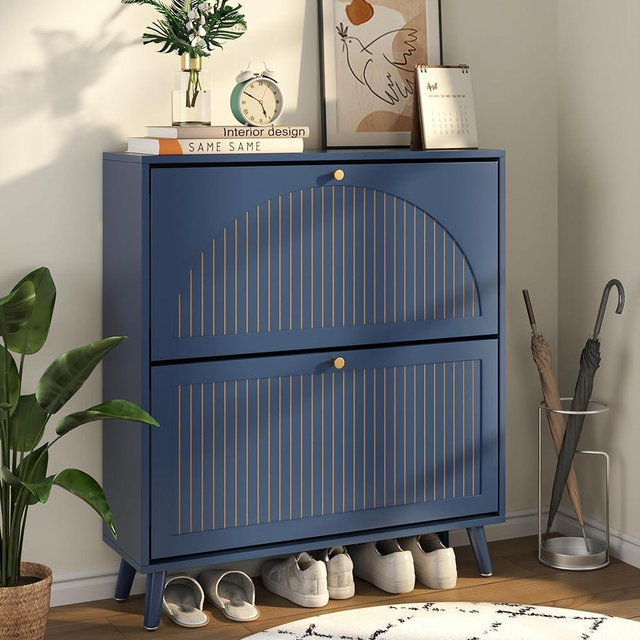 Fsbecl Shoe Storage Cabinet for Entryway with 2 Flip Drawers, Narrow Wood Shoe Cabinet with Fluted Panel, Freestanding Hidden Shoe Organizer for Foyer, Hallway (Blue - with Shelf)