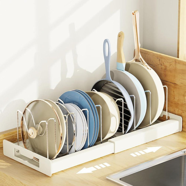 Dayacoco Pots and Pans Organizer Under Cabinet - Pot Lid Holder, Expandable Pan Organizer for Cabinet, Pot Rack with 10 Adjustable Compartments for Kitchen Cabinet, Frying Rack, Lid, Cookware,1 Pcs