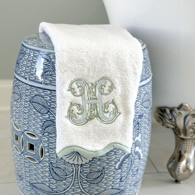 Hand Towel With Piping Scallop Trim and Monogram - Bathroom Personalized Home Decor
