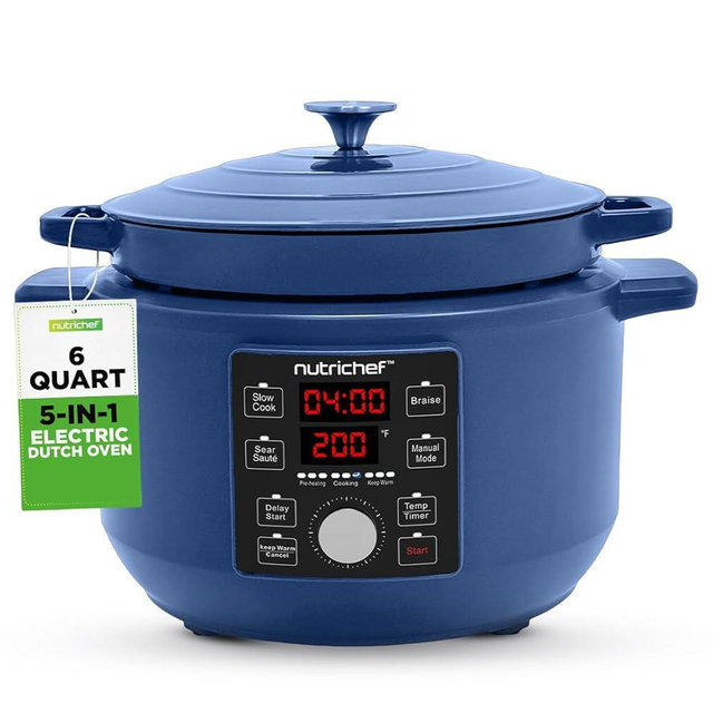 Nutrichef 6 Quart Electric Dutch Oven | 1500W 5-in-1 Enamel Coated Cast Iron Pot with Stainless Steel Lid | Precise Temperature Control | Includes 2 Silicone Pot Holders & Heat Resistant Pad | Blue