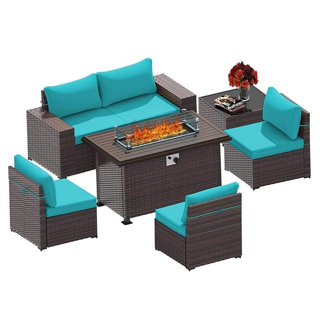 Gotland 7 Piece Outdoor Patio Furniture Set with Gas Fire Pit Table Patio Furniture Sectional Sofa w/43in Propane Fire Pit, 50,000 BTU Auto-Ignition Firepit w/Glass Wind Guard