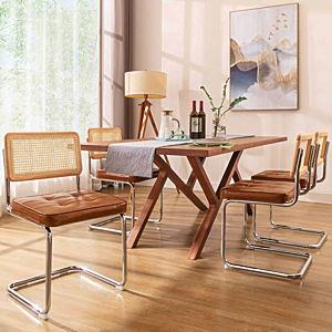 ONEVOG MCM Rattan Dining Chairs Set of 4, Faux Leather Retro Chair with Natural Solid Wood Back, Upholstered Cushion, Cantilever Chrome Leg, Armless Seat for Kitchen/Living Room/Patio/Bistro, Brown