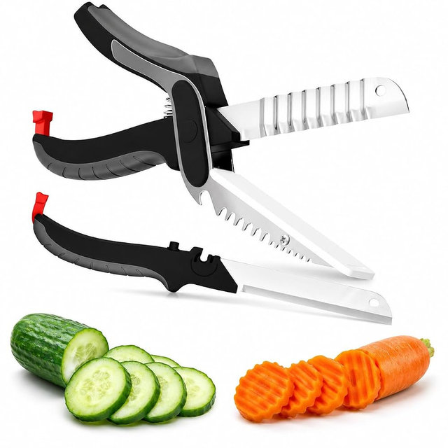 7-in-1 Cutting Board Scissors for Food — Slice Meat, Fruits & Veggies on the Spot — Dishwasher Safe Kitchen Scissors with Cutting Board, Ribbed & Flat Blades, Safety Lock, Bottle Opener & Fish Scaler