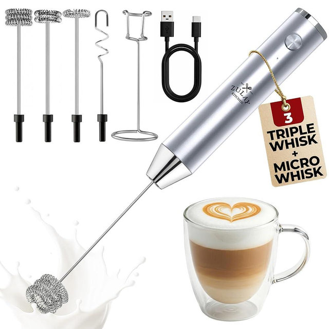 Zulay Kitchen Rechargeable Milk Frother Handheld - Lux 4 Whisks, Powerful 2-Speed Motor, Waterproof, 2000mAh Battery - Drink Mixer for Latte, Cappuccino, Matcha & Protein Powder - Silver