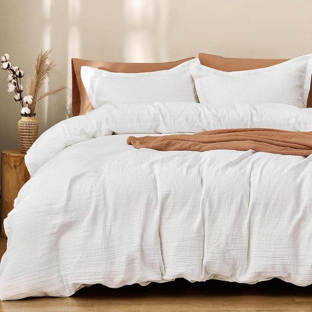 PHF 100% Cotton Muslin Duvet Cover Set Queen Size, Soft Breathable Linen Like Guaze Textured Bedding Comforter Cover 3 Pieces for All Season, Comfy Duvet Set with 2 Pillow Shams, 90"x90", White