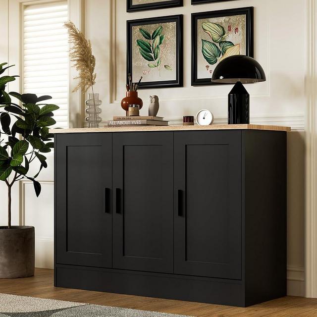 Anystyle 43.3”W Black 3 Door Buffet Cabinet, Coffee Bar Cabinet with Adjustable Shelf, Kitchen Buffet Sideboard for Living Room, Kitchen